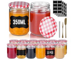 ACXIN Kleine Bewaarpotjes Mason Jars - Luchtdichte Ronde Potjes Met Metalen Deksel - Rood & Wit Gevlekt - 350 ml - Set Van 12