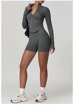 Luna Muse Gym Set - Maat XL - Grijs - 3-delige set: Haltertop + Jacket + Highwaisted Short - Charcoal Grey - Donkergrijs - Seamless Sportset Dames