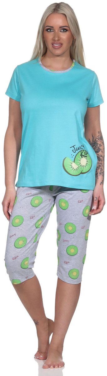 Normann damespyjama met korte mouwen en capri pyjamabroek in coole Allover Print türkis