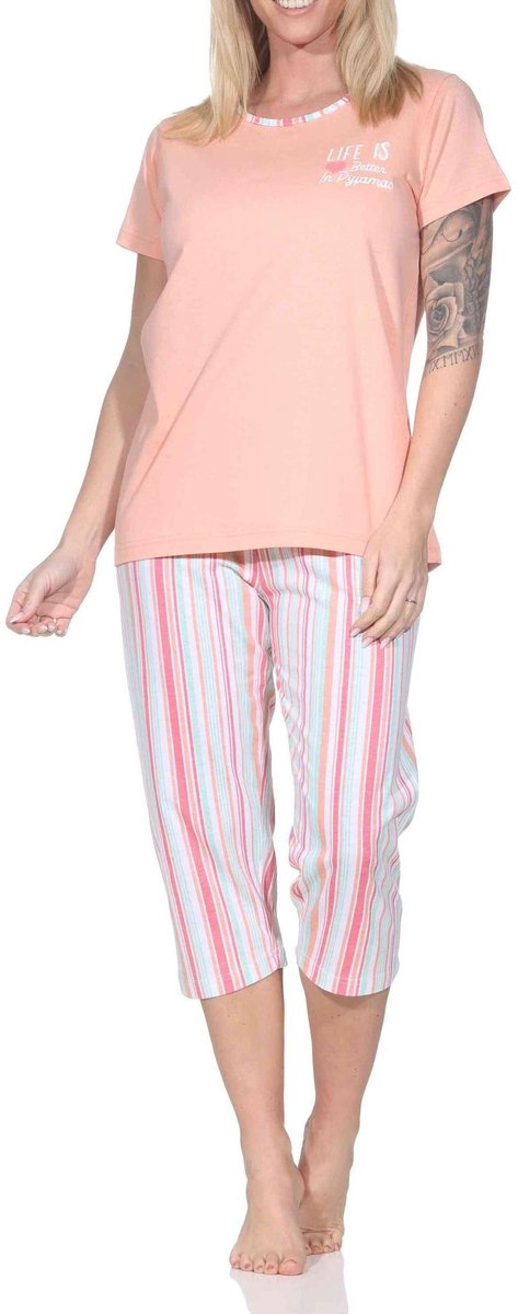 Normann dames pyjama met korte mouwen en gestreepte capri pyjamabroek apricot