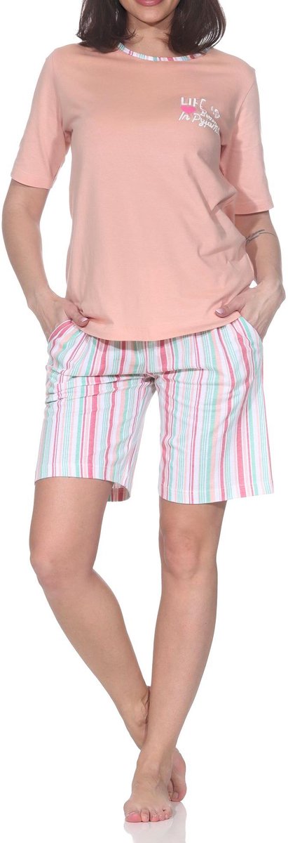 Normann dames shorty pyjama met korte mouwen in elegante strepenlook – ook in grote maten apricot