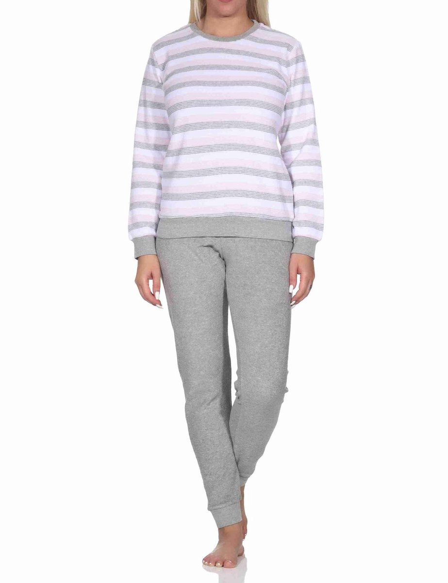 Normann Dames Badstof pyjama met lange mouwen en manchetten - blokstreep-look - ook in overmaten rosa