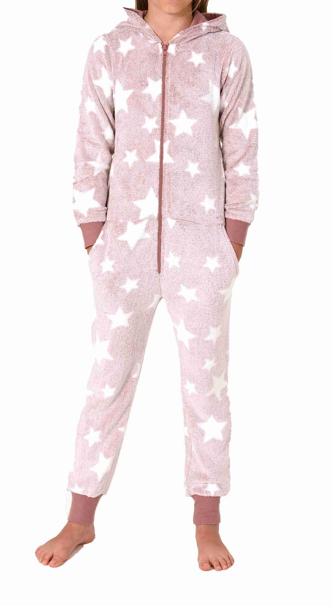 Normann Meisjespyjama jumpsuit in sterdessin van behaaglijk warm koraalfleece rosa