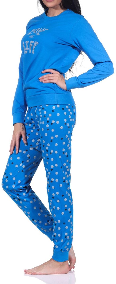 Normann dames pyjama met lange mouwen en manchetten in hartjes-polkadot-look blau