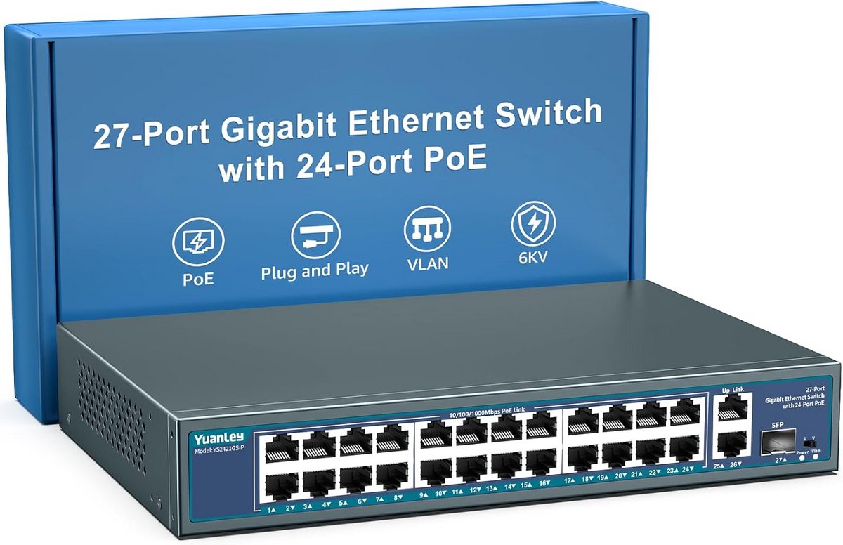 27-Poorts Gigabit PoE Switch Unmanaged met 1 SFP Slot en Rackmontage