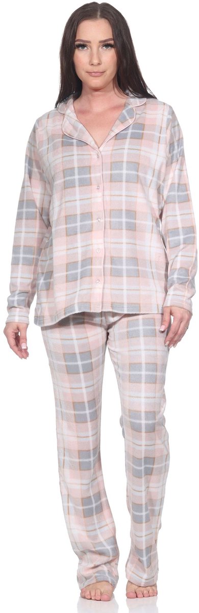 Normann fleece damespyjama in elegante ruitjeslook, doorknoopbaar rosa