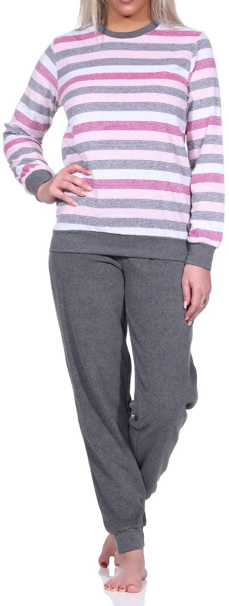Normann Dames Badstof pyjama met lange mouwen en manchetten in blokstreep-look - ook in overmaten rot