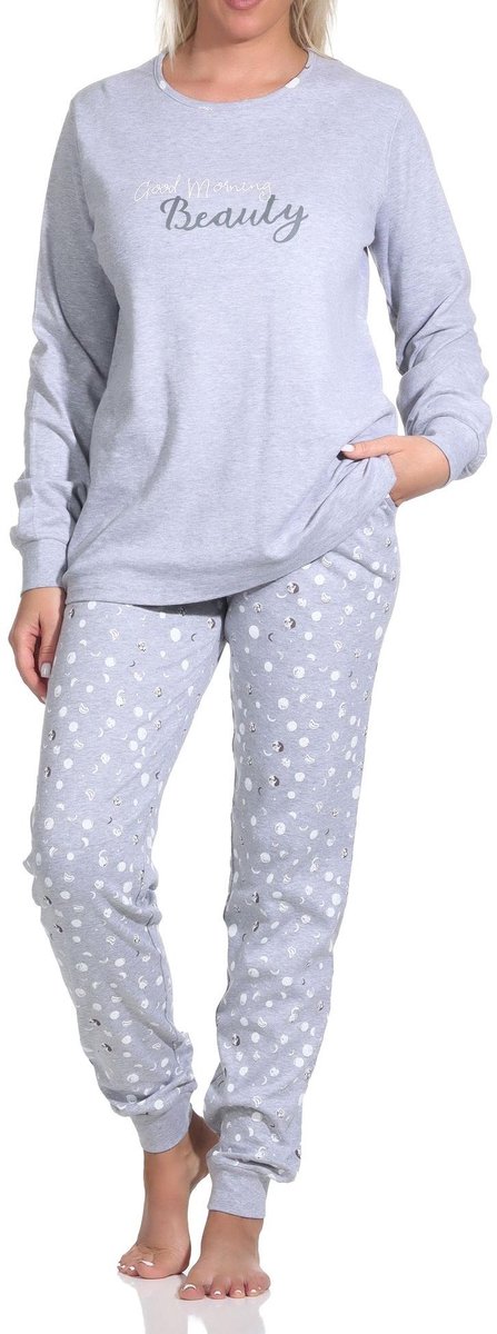 Normann Lange damespyjama met manchetten in knuffel interlock kwaliteit in polka-dot look grau-melange