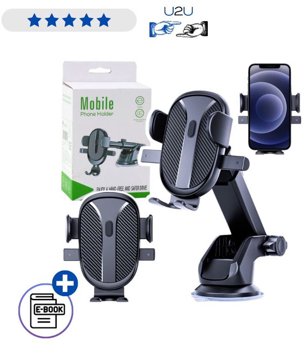 Sterke Auto Telefoonhouder Voor Raam Dashboard En Ventilatierooster 360° Draaibaar Universeel 4-8 Inch Zwart Met Ebook