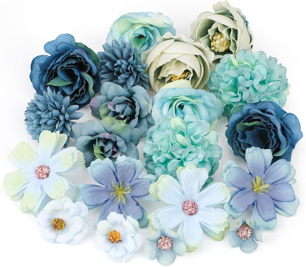 Famanu 20 Stuks kunstmatige bloemhoofden - kleine nepbloemen om te knutselen - neprozen - pioenroos - kersenbloemen - hoofden voor doe-het-zelf krans - taart - bruiloft - boeket - feest - huis - tuindecoratie Blauw