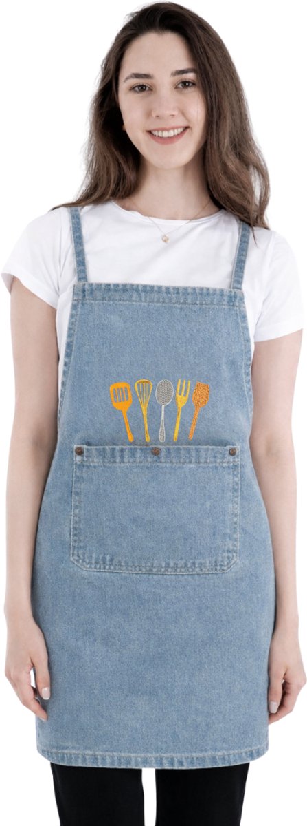 Sevilya Denim Keukenschort – Blauw - Bestekprint - 65 x 70 cm - Gewassen Spijkerstof – Hoge Kwaliteit - Keukenschort voor Dames en Heren