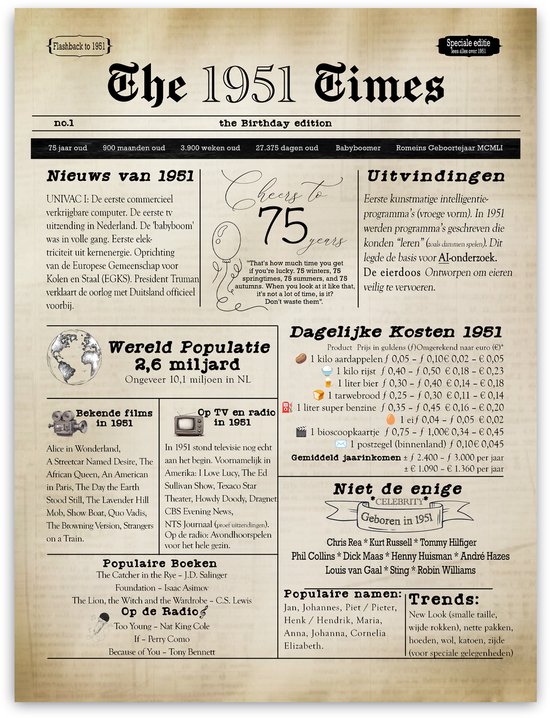 75 jaar verjaardag - Verjaardagsbord 75 jaar A3 formaat - Verjaardagsbord - Verjaardagscadeau - 75 jaar cadeau verjaardag geboortejaar 1951 - kado 75 jaar - verjaardagsposter - Poster