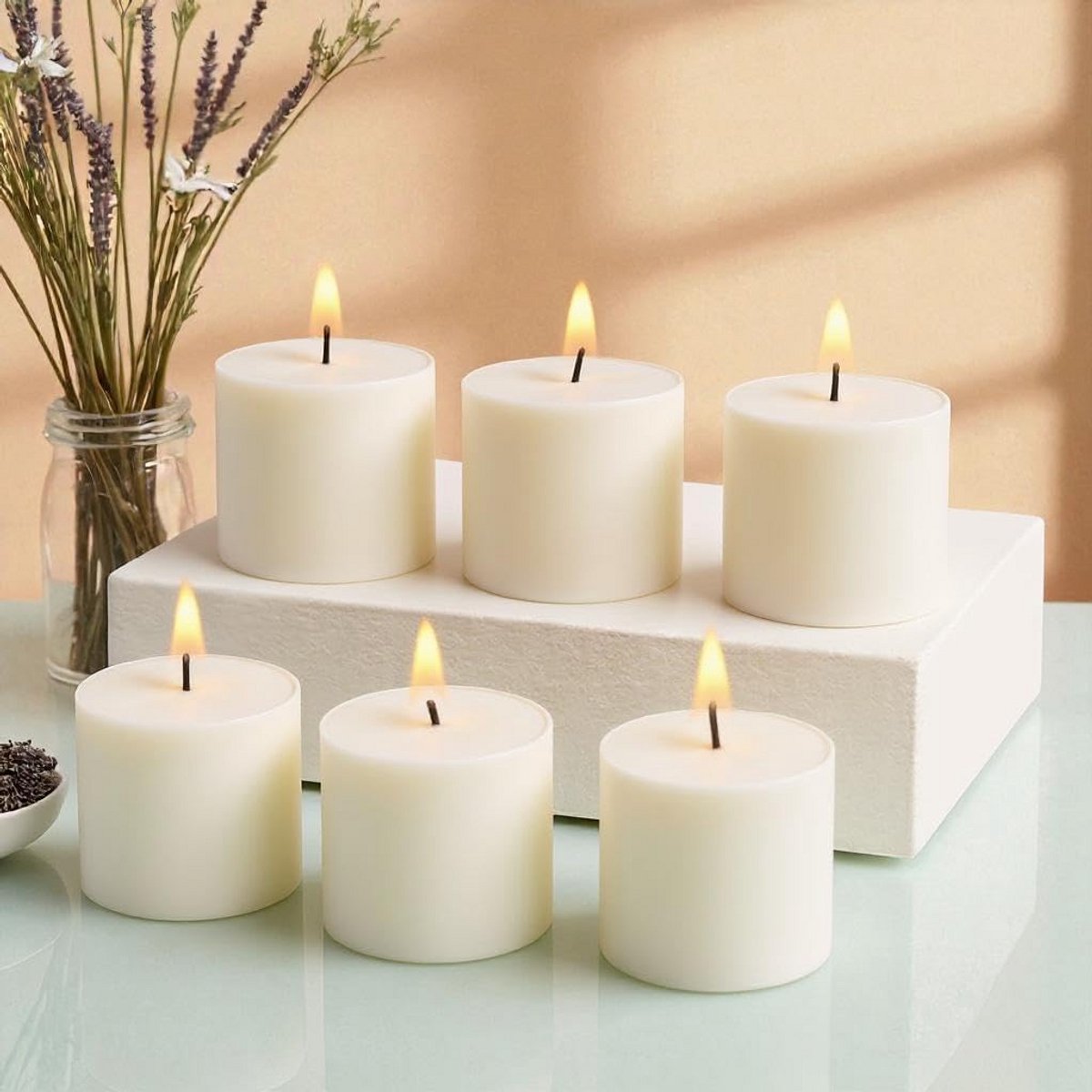 Set van 6 Witte Stompkaarsen 5x5 cm Geurloos met Lange Brandduur