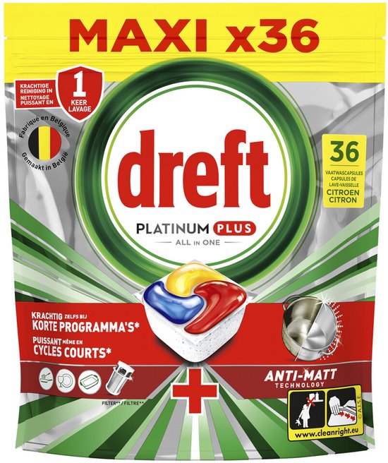 Dreft Platinum Plus All In One Vaatwastabletten - Citroen - Anti-dofheidstechnologie - 180 Capsules - Jaarvolume