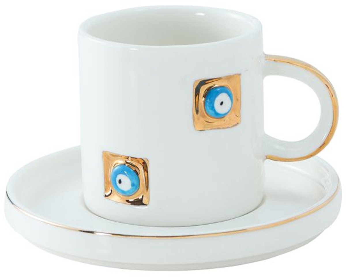 Bricard Yadigar - Espressoset met Nazar Boncuk - 12-delig - Wit/Goud - 125ml - Keramiek - Espresso Kopjes & Schotels