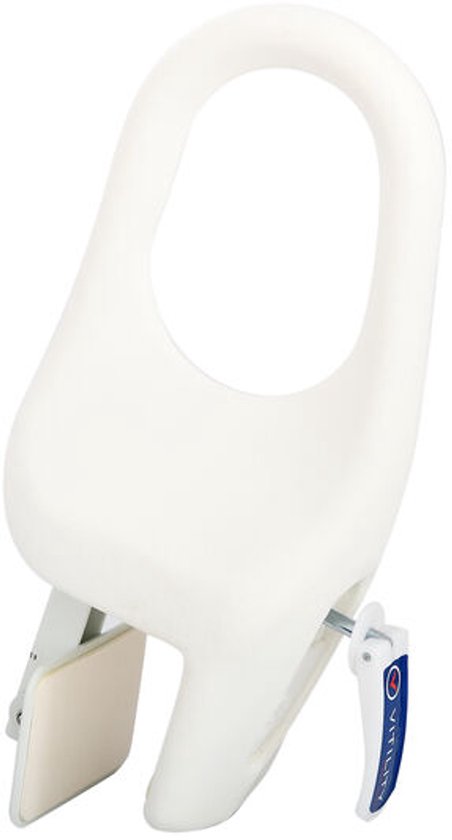 Witte badrandbeugel met grijpmechanisme, voorzien van een blauw label met 'Vitility Home Care'.