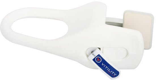 Witte badrandbeugel, liggend, met gesloten grijpmechanisme en een blauw 'Vitility Home Care' label.