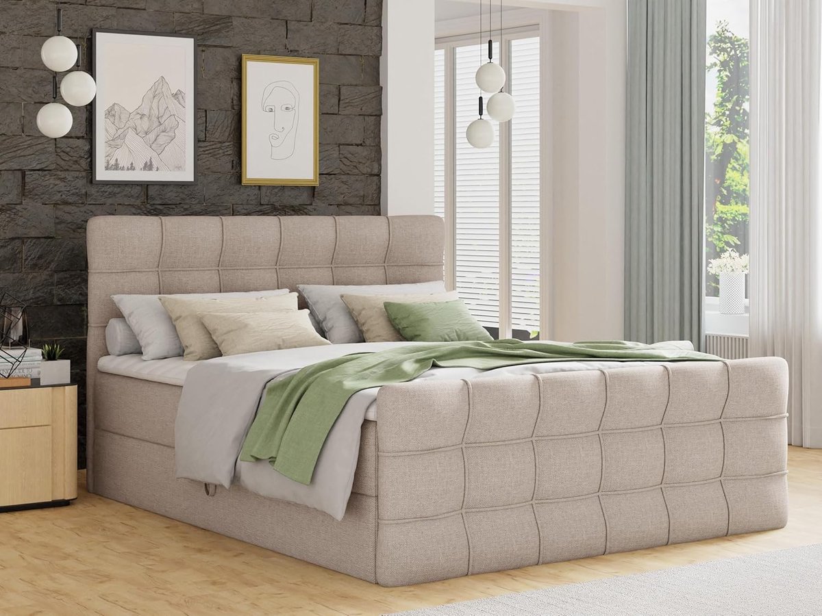 Boxspringbed 140x200 cm met opberglades, Bonell-matras en topper – Tweepersoonsbed met hoofdbord en voeteneinde – Beige – Pauwhome