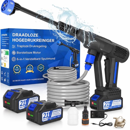 Draadloze hogedrukreiniger met 2 accu’s, 6-in-1 spuitmond, draagbaar, wateraansluiting kraan of emmer, lichtgewicht