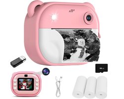 Kids Print Camera - Pocket printers - Mini cameraprinter - 1080P - Klik om foto's af te drukken - 64GB SD Kaart & Kaartlezer - Inktloos printen via Bluetooth in HD-kwaliteit - Compatibel met Android- en iOS-apps - Roze