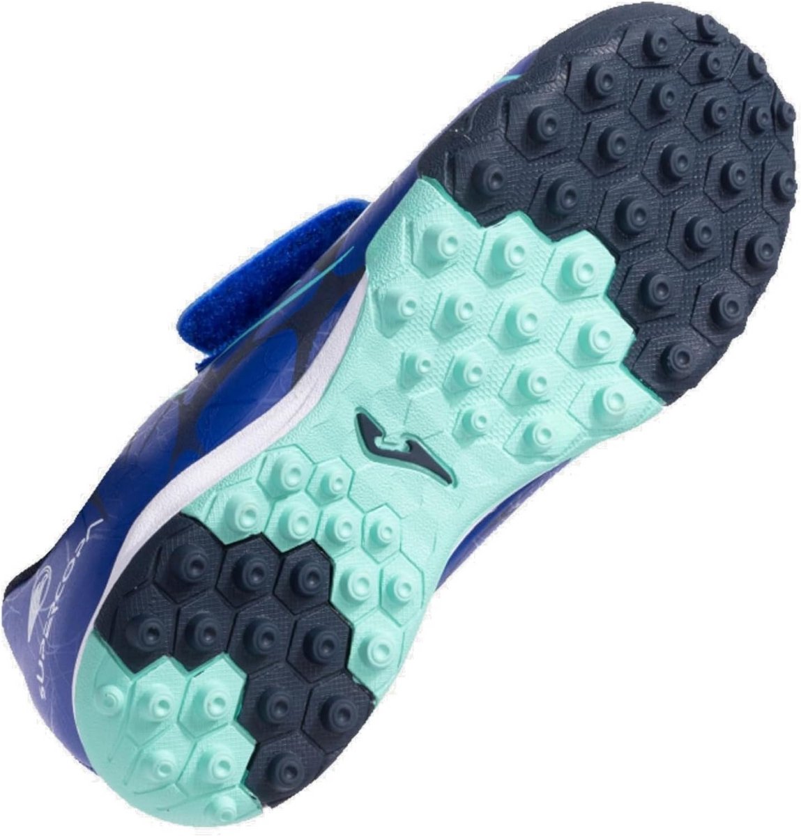 Duurzame turf voetbalschoenen voor kinderen, met een gripvaste zool en een blauw ontwerp, ideaal voor kort gras en harde o...