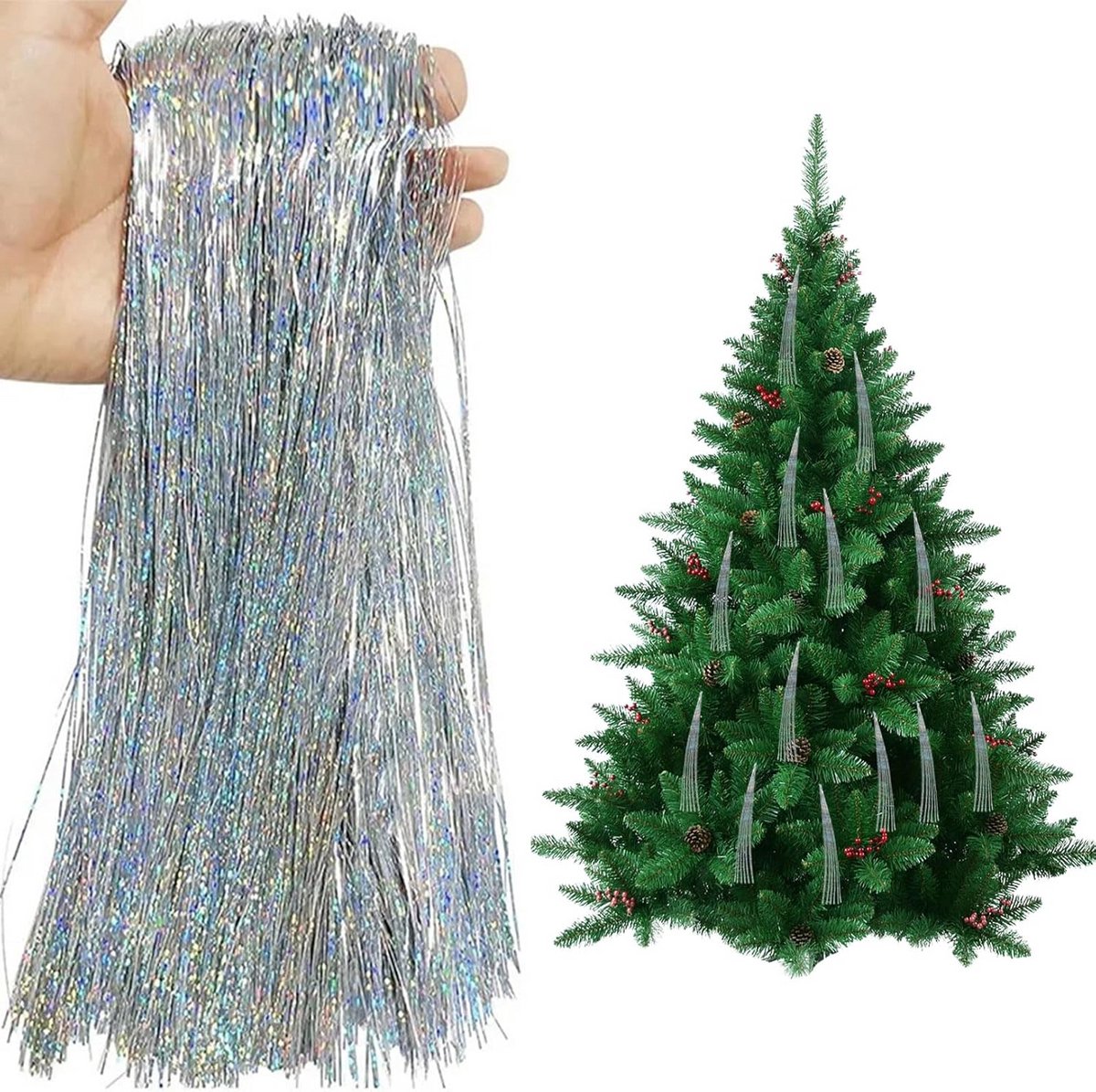 Glitter Lametta Gordijn voor Kerstboom Versiering Zilver – Sprankelende Feestdecoratie
