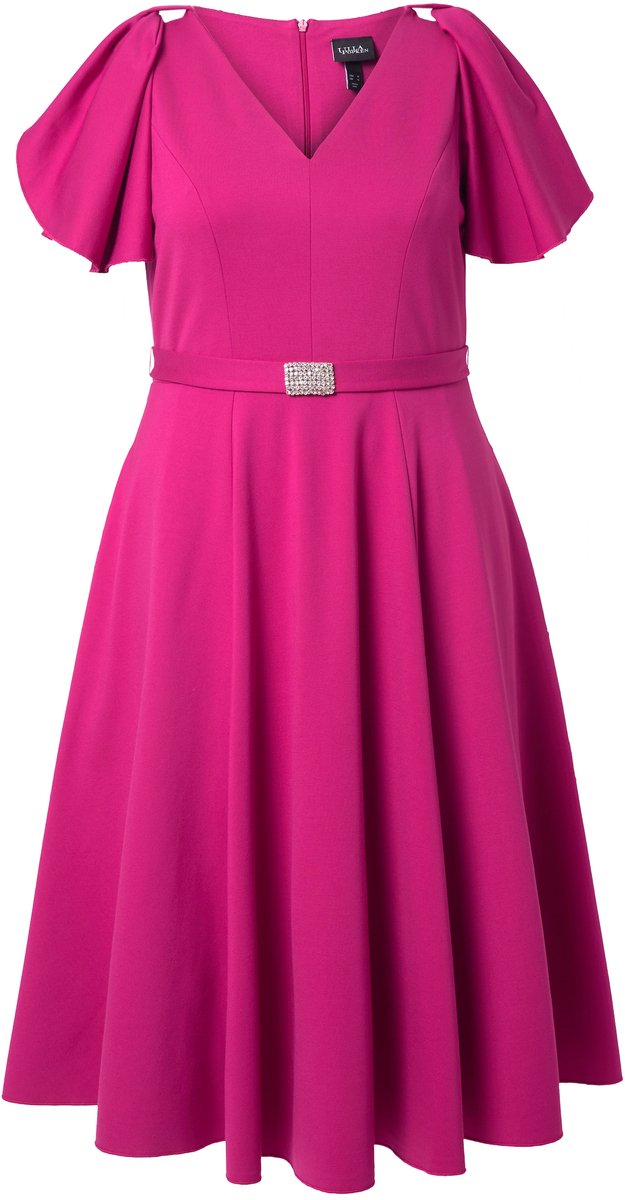 Ulla Popken Dames - Midi-avondjurk sierstrikjes V-hals mouwloos - Magenta