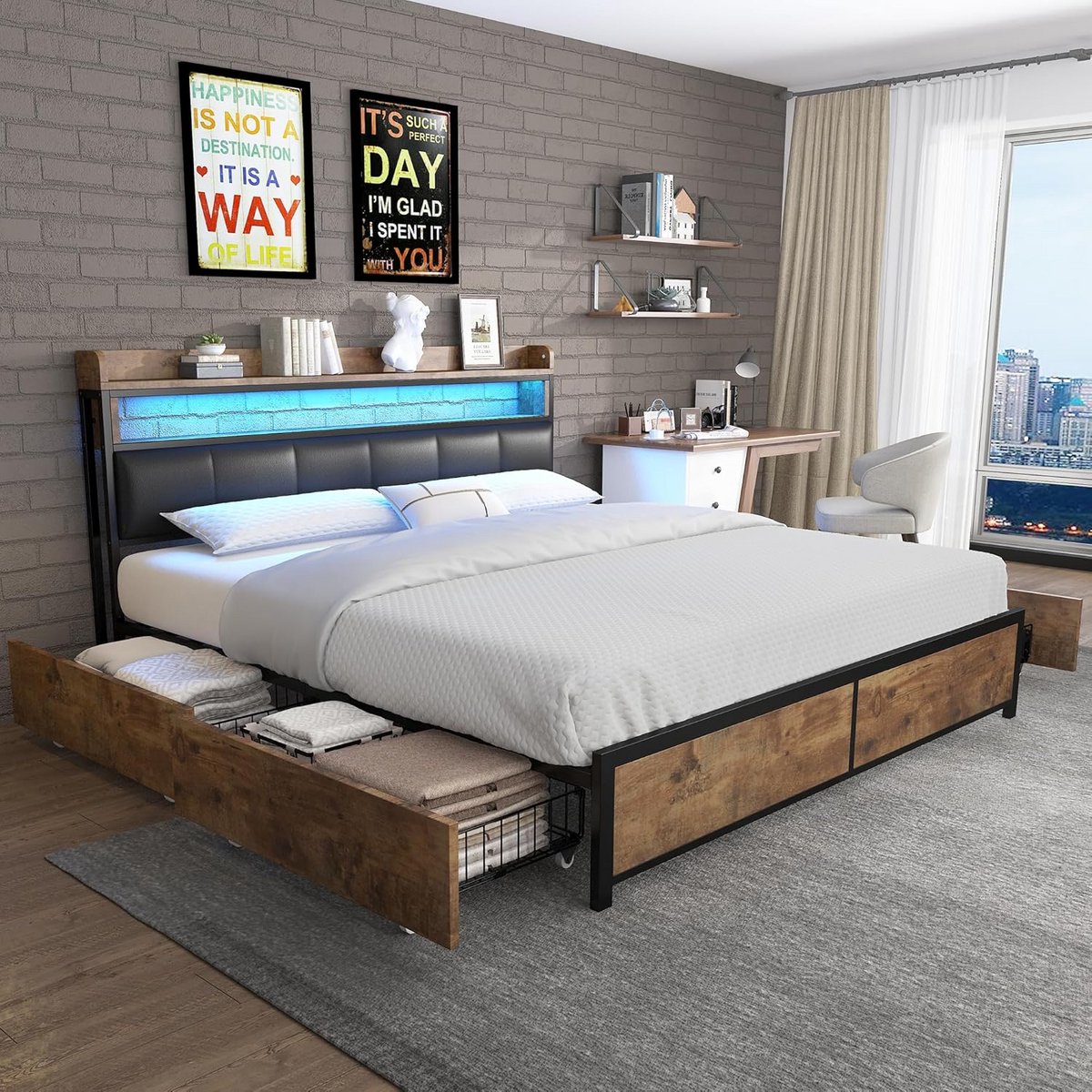 Gestoffeerd Tweepersoonsbed 140x200 cm met Lattenbodem en Opbergruimte LED Verlichting Bruin