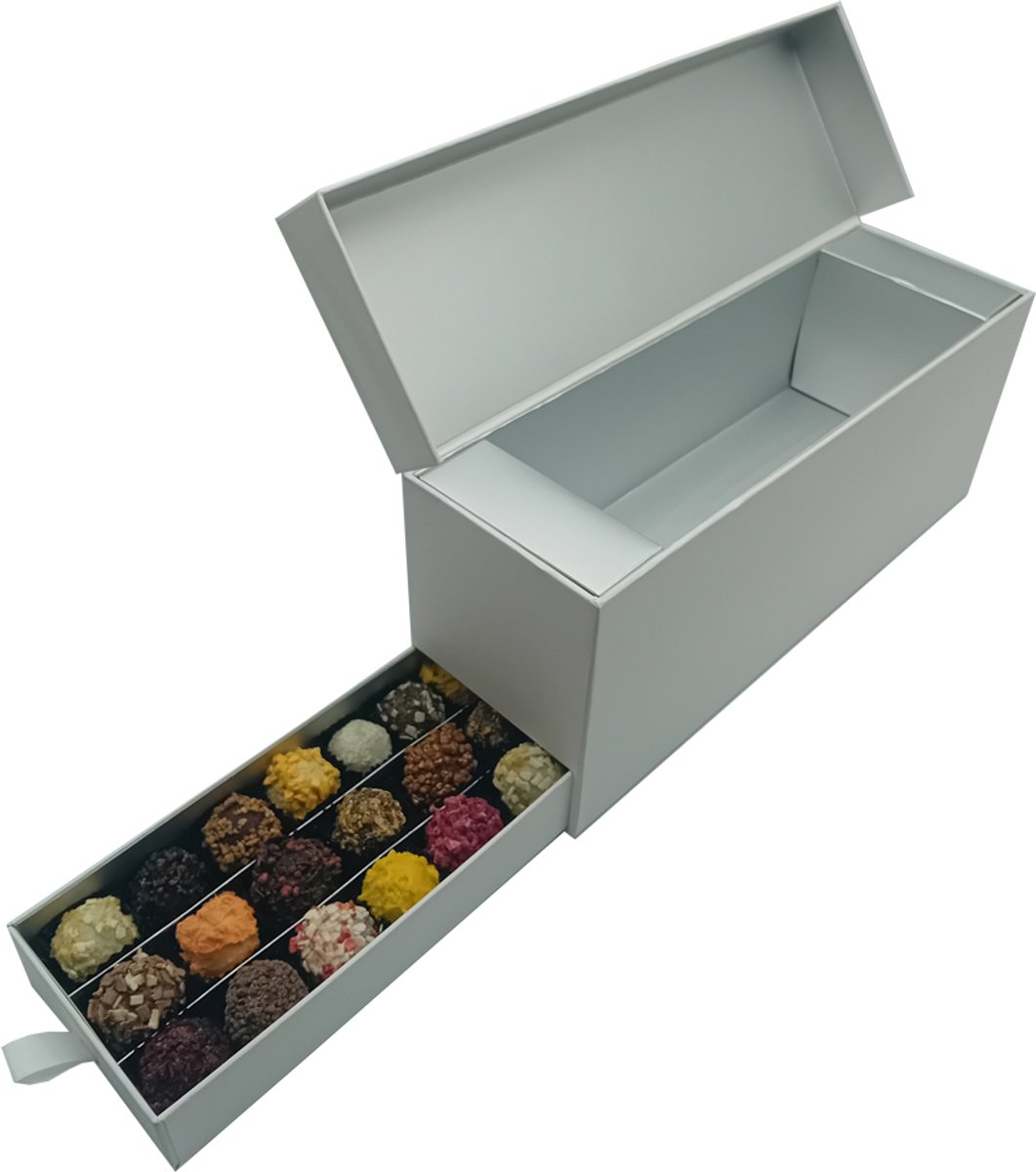 Ladebox wit leeg: cadeaubox met luxe truffel chocolade (zelf te vullen met je eigen drank).-(Vegan_glutenvrij_chocolade_Pralines_Bonbons_cadeau_chocoladegeschenk_relatiegeschenk_kerstcadeau_chocolade truffels_truffels_kerstchocolade_wijn.