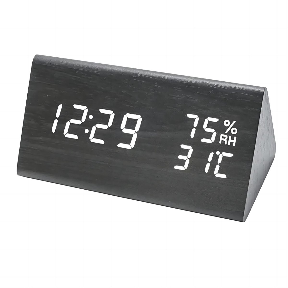Ynkkvre - Digitale Wekker met Temperatuur en Vochtigheid - Houtlook Klok - Klapfunctie - USB Voeding - 3 Alarmen - Voor Nachtskastje en Kantoor - Modern Design - Zwart