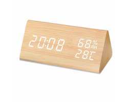 Ynkkvre - Digitale Wekker met Temperatuur en Vochtigheid - Houtlook Klok - Klapfunctie - USB Voeding - 3 Alarmen - Voor Nachtskastje en Kantoor - Modern Design - Geel