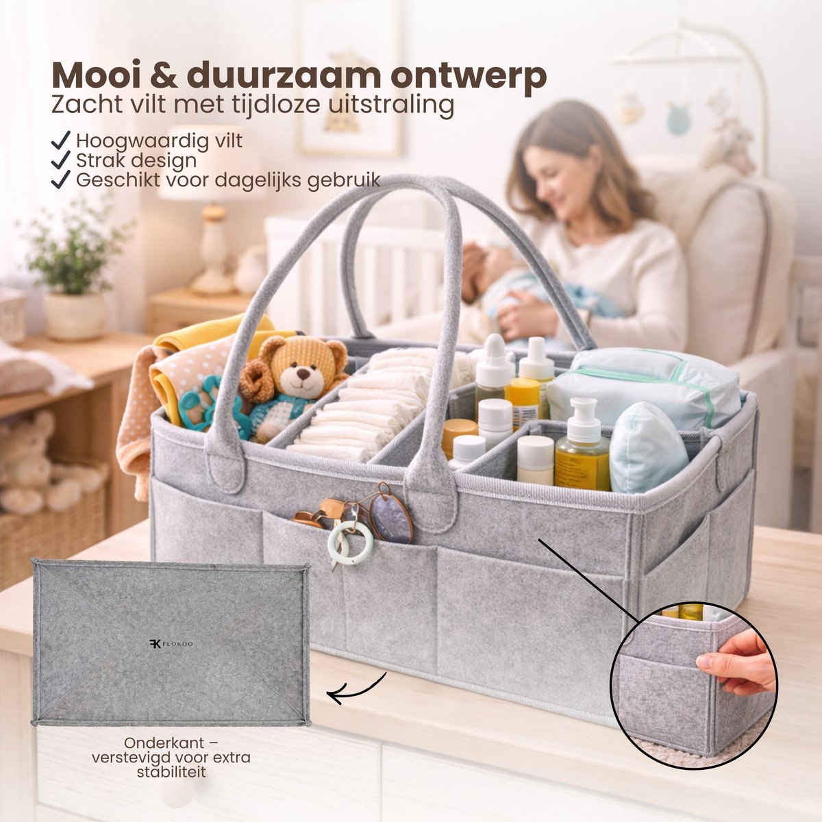 Luiertas Vilt - Grijs - Vilt - 32 x 22 x 19 cm - Luier Organizer - Draagbare Organiser met Handige Vakken - Verzorgingstas – foto 6