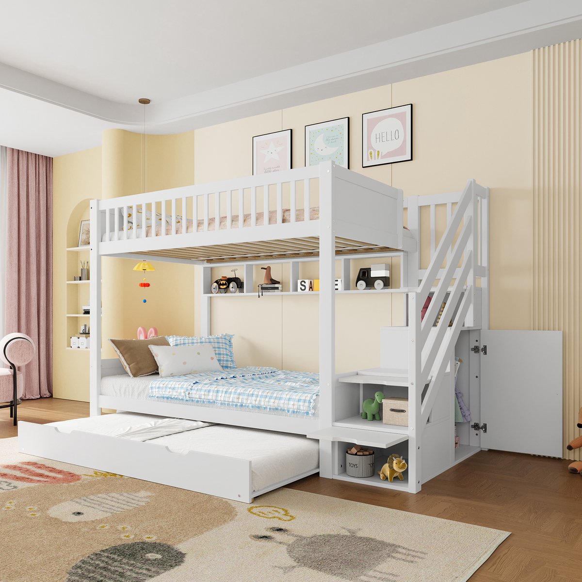 Clruro Stapelbed 90x200 cm - Met Uitschuifbed En Opbergruimte - Kast En Planken - Hout - Wit White