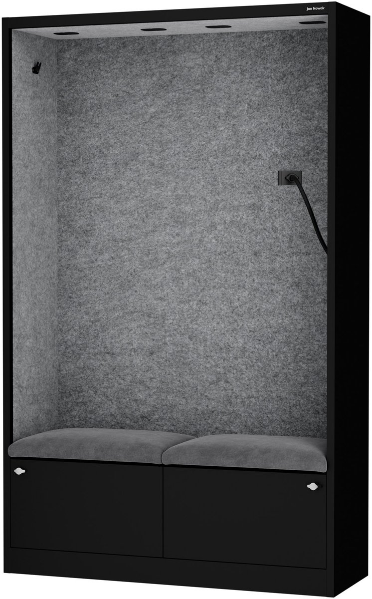 SALLY MentalBox - Geluidsabsorberende cabine voor 2 personen - met zitje - Kledinghanger + Ruime lade - Ingebouwde telefoonhouder + USB-C-poort - Grey Fog / Zwart
