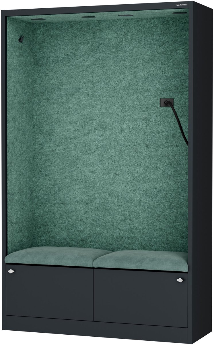 SALLY MentalBox - Geluidsabsorberende cabine voor 2 personen - met zitje - Kledinghanger + Ruime lade - Ingebouwde telefoonhouder + USB-C-poort - Groen / Antraciet