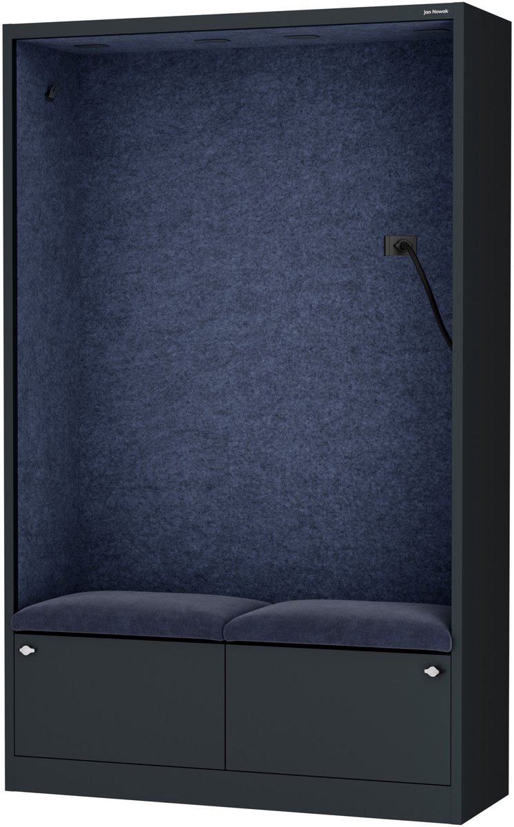 SALLY MentalBox - Geluidsabsorberende cabine voor 2 personen - met zitje - Kledinghanger + Ruime lade - Ingebouwde telefoonhouder + USB-C-poort - Navy Blue / Antraciet