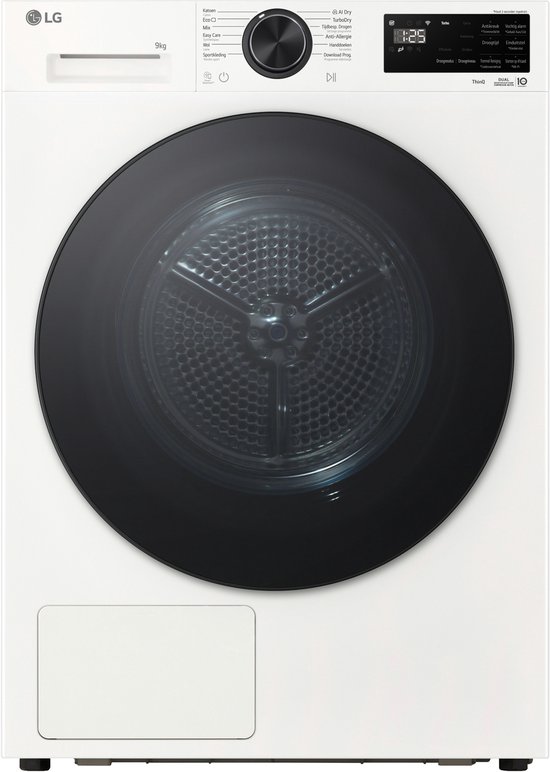 LG RHX5009TWB warmtepompdroger 9 kg met Dual Inverter Heat Pump voor gelijkmatig en energiezuinig drogen - Sensor Dry stopt automatisch bij droog - Zelfreinigende condensor voor duurzaam rendement en ThinQ slimme bediening. Energieklasse B