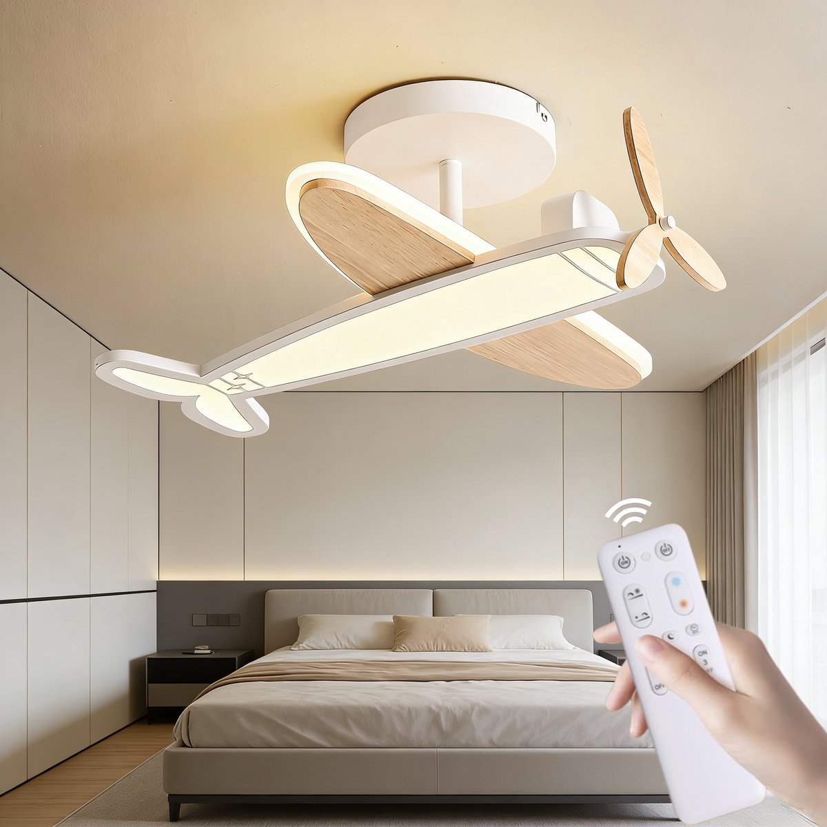 Epochglo LED Plafondlamp Kinderkamer - Vliegtuig Design (53cm) met Houten Propeller - Draaibare en Bewegende Propeller - 40W 3800LM - Dimbaar (3000K-6000K) - Afstandsbediening, Nachtlampje & Timer - Modern Verlichting voor Kinderkamer & Babykamer