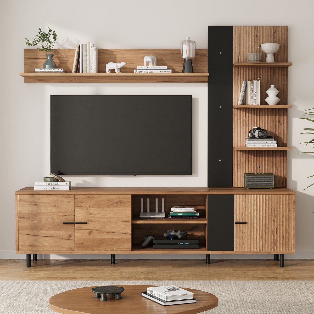 Sweiko TV-meubel set - Met 4 planken - Geschikt voor een TV van 80 inch - Natuurlijke + Zwart