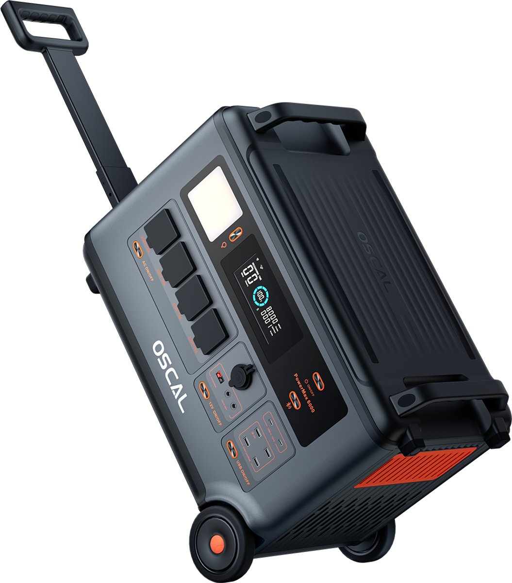 OSCAL PowerMax 6000 - Powerbank - draagbaar zonne-energieopslagsysteem 3600 Wh (max. 7200 W) - LiFePO4-energiecentrale voor - gebruik tijdens kamperen en caravanreizen - 120/240 V bidirectionele omvormer