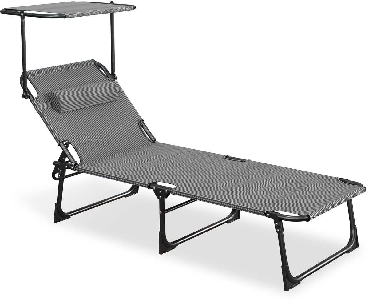 Aufun zonnebank / strandstoel – 195 x 68 cm – opvouwbaar – verstelbare rugleuning – met dak en zijvak – zwart