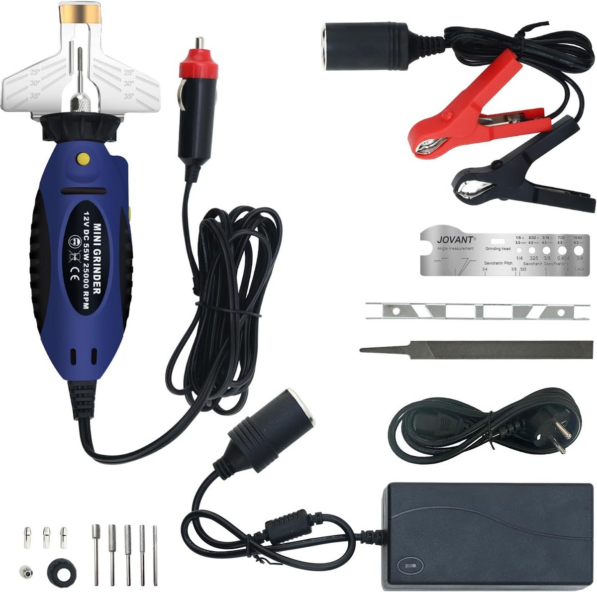 Elektrische kettingzaagslijper 12 V, 55 W, 25.000 t/min, inclusief 5 slijpstenen en accessoires