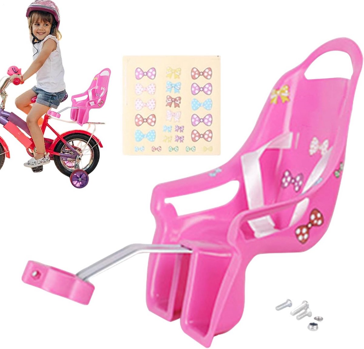 Poppenfietsstoel voor kinderfietsen, met stickers en verstelbare bevestiging