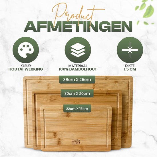 CASA LUMA Ensemble de Planches à Découper en Bambou 3 Pièces - Bambou Biologique Premium - Avec Gouttière à Jus - Durable - Planche à Tapas - Planche à Servir - Planche à Découper en Bois