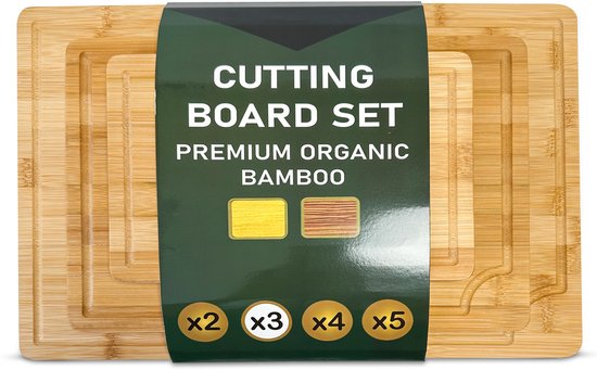CASA LUMA Ensemble de Planches à Découper en Bambou 3 Pièces - Bambou Biologique Premium - Avec Gouttière à Jus - Durable - Planche à Tapas - Planche à Servir - Planche à Découper en Bois