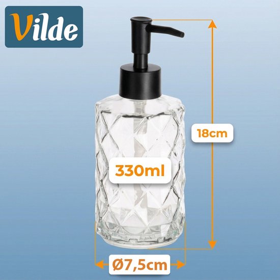 Glazen zeepdispenser met zwarte pomp, 330ml, hoogte 18cm, diameter 7,5cm.