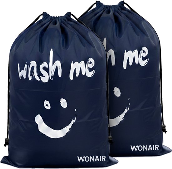 Wonair - Grand sac à linge - 60x90cm - Bleu foncé - Avec cordon de serrage et bandoulière