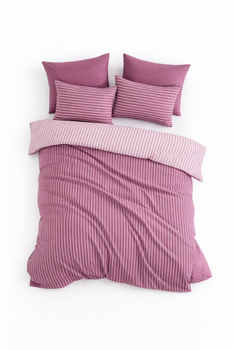 Dekbedovertrek, Striped, 100% Katoen, Tweepersoons, 200x220 cm, Inclusief Hoeslaken & 4 stuks Kussenslopen, Ouderoze, Dekbedovertrekset, Zacht & Ademend, Dekbedovertrekken, De Linde Home