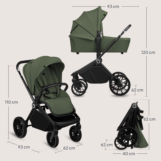 Lionelo Mika Plus - Kinderwagen 3in1 - XXL SET - incl. i-Size autostoel - Veelzijdig en jaarrond - Grote wielen - tot 22kg - Bediening met een hand - Voor alle soorten terrein - Accessoireset
