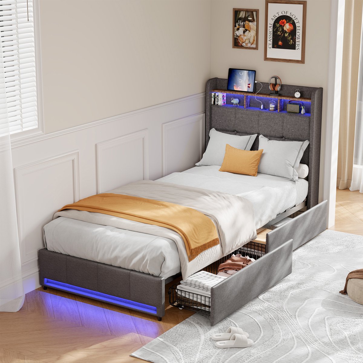 ROSAHQNDA Gestoffeerd kinderbed, 90x200 cm, hoofdeinde met opbergruimte, LED-verlichting, USB-poort en lades, eenpersoonsbed, lattenbodem, linnen, grijs